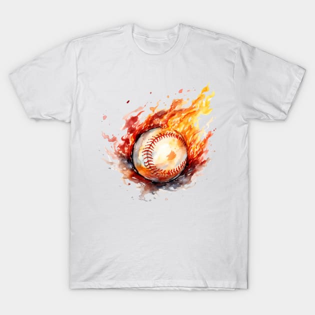 Flamming Baseball Watercolor T-Shirt by BisonPrintsCo